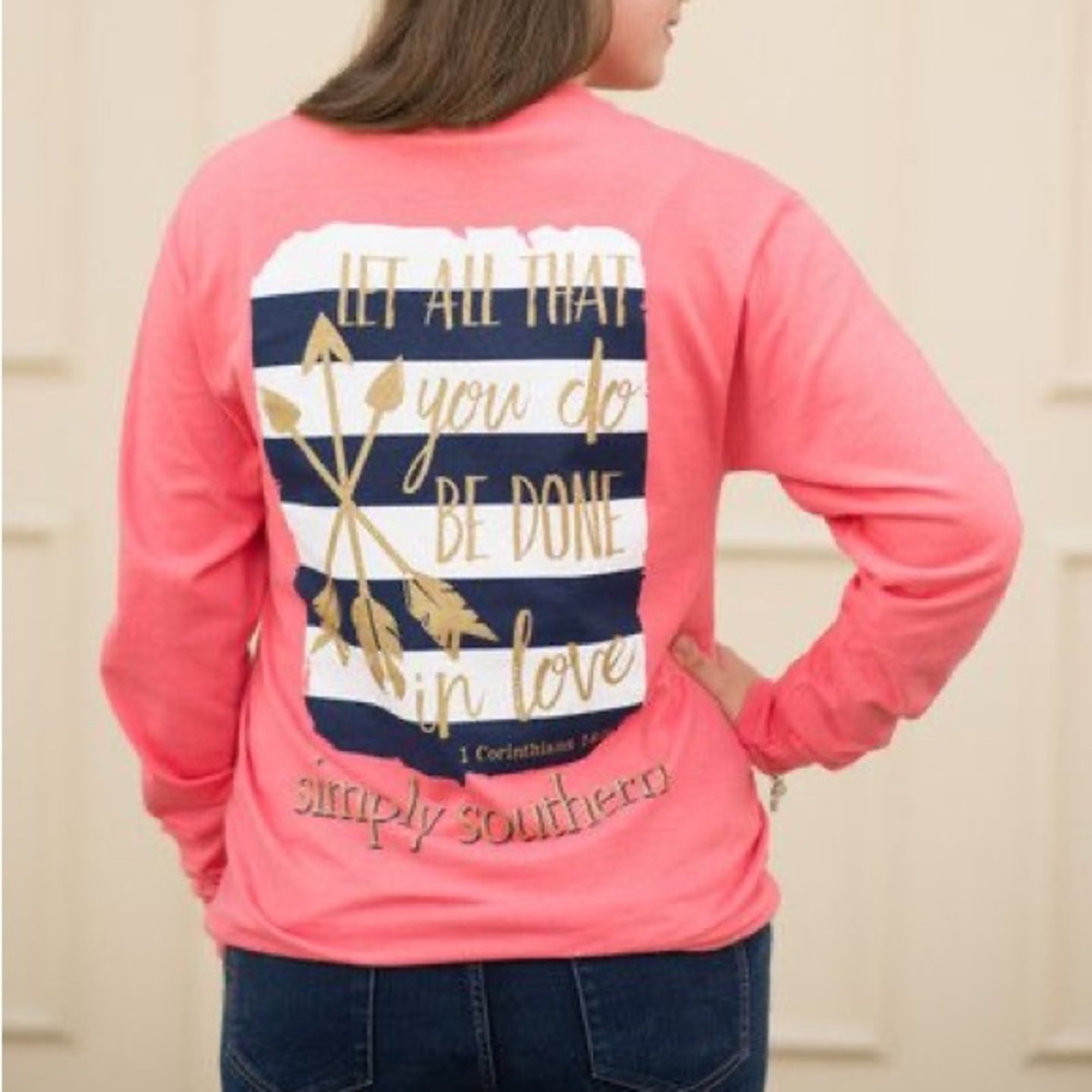 Simply Southern Coral Long Sleeve with Navy & White Striped Graphic